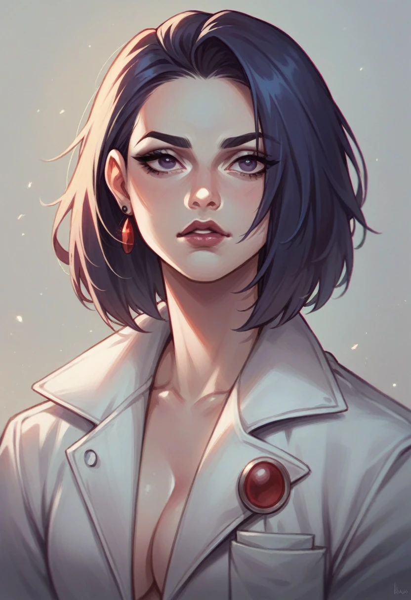 Very thin woman, raven-haired with a france with ice-colored eyes. the woman has the features of Bella Hadid. He is wearing a white doctor's coat. and a little black dress