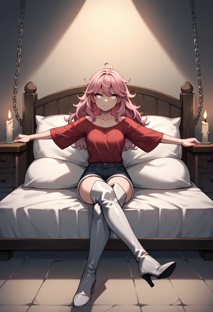 score_9, score_8_up, score_7_up, score_6_up, score_5_up, score_4_up, source_anime, 1girl,Seal the mouth,sit,bed,pink hair,loose hair, white eyes, w-w-chain, spread arms,crossed legs,clean hair,red shirt,shorts,thigh boots,white boots,heels,night,candles,room,dungeon, best quality, best res, 4K UHD,
 