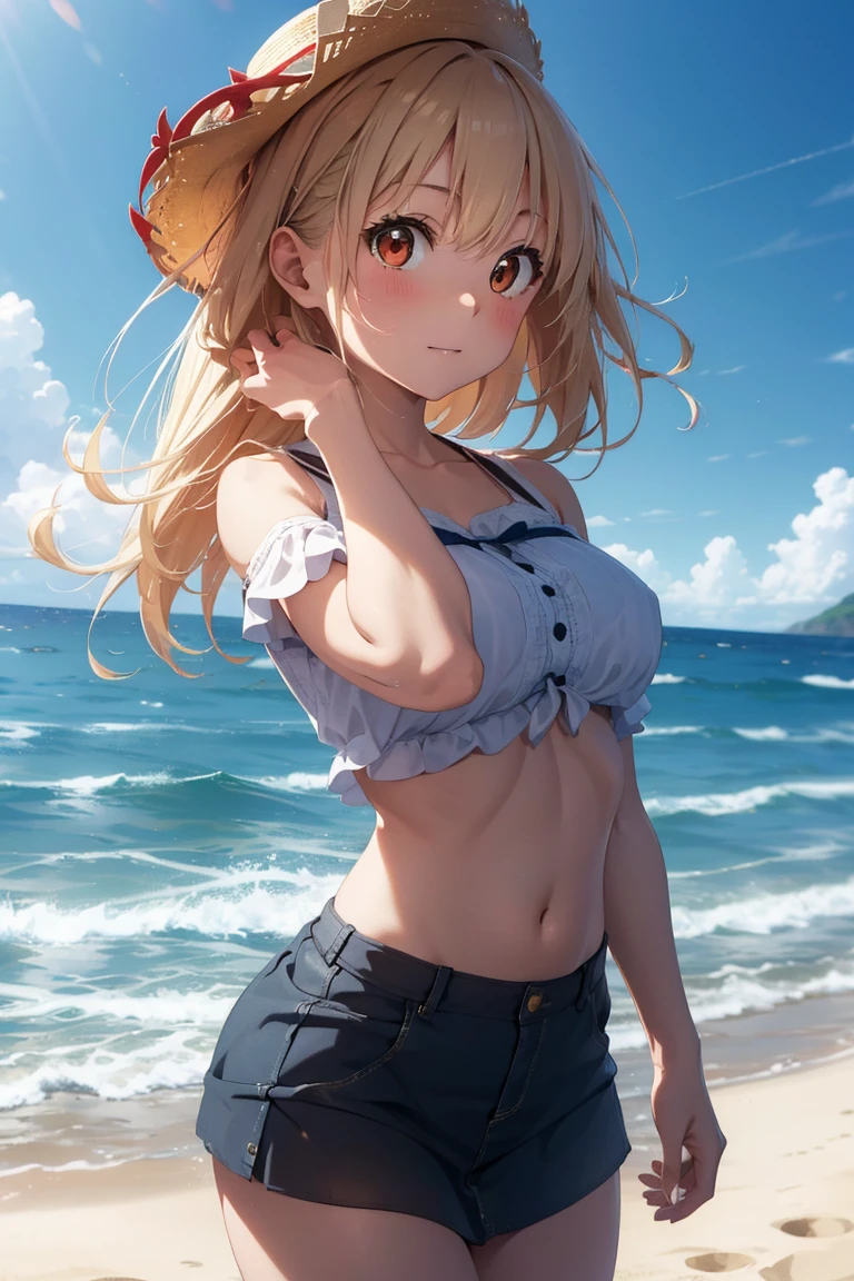 They haven't even toned it down, Nishikigi chisato,Long Hair , bangs, Blonde, (Red eyes:1.5), ,smile,blush,Open your mouth,Big straw hat,Off-the-shoulder dress,Long skirt,Bare neck,Bare shoulders,bare clavicle,Grab the skirt with both hands and lift it up,barefoot,Beachの砂浜を散歩しながら,blonde hair swaying in the wind, True Summer,Light of the sun,
break outdoors,Beach ,
break looking at viewer, (Cowboy Shot:1.5),
break (masterpiece:1.2), Highest quality, High resolution, unity 8k wallpaper, (shape:0.8), (Fine and beautiful eyes:1.6), Highly detailed face, Perfect lighting, Highly detailed CG, (Perfect hands, Perfect Anatomy),