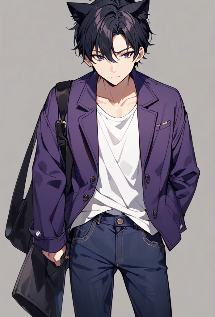 1man, short black hair, black cat ears, wearing purple buttoned jacket, wearing white undershirt, wearing dark blue jeans