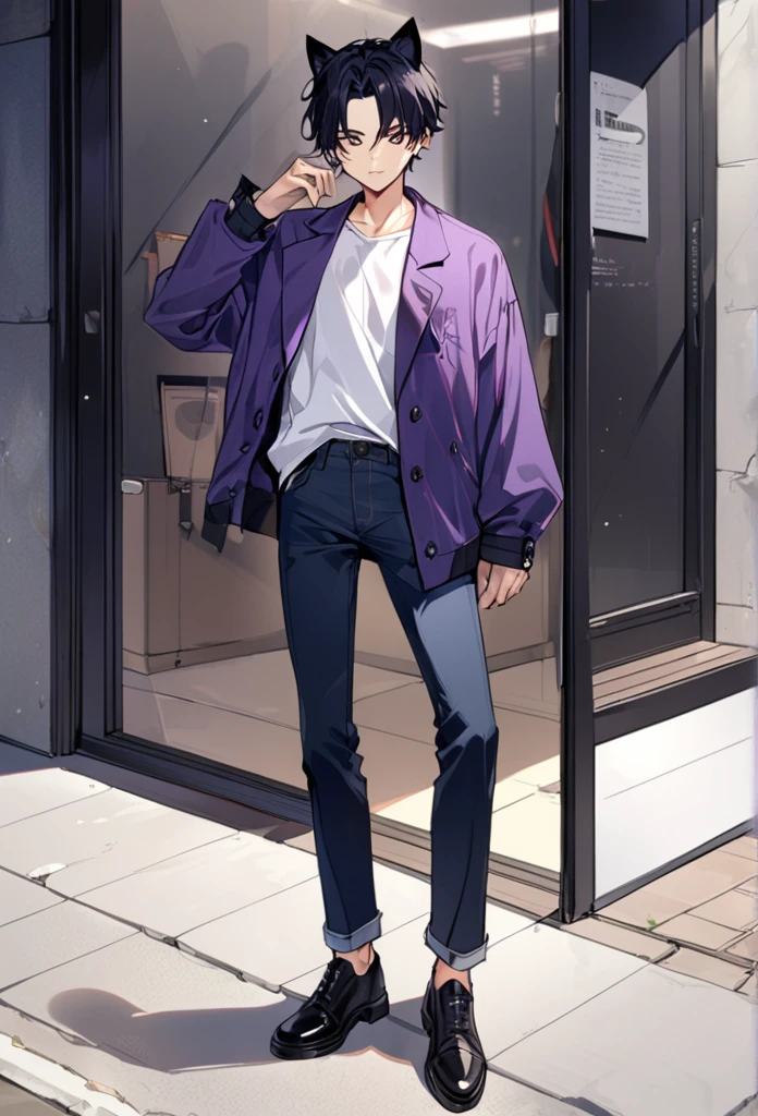 1man, short black hair, black cat ears, wearing purple buttoned jacket, wearing white undershirt, wearing dark blue jeans