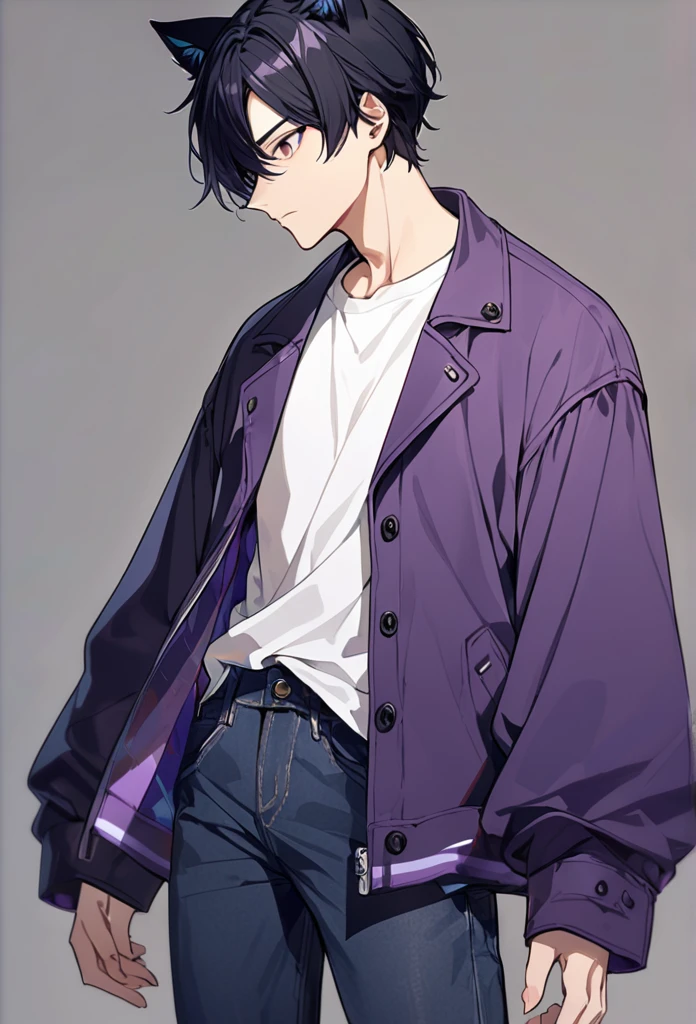 1man, short black hair, black cat ears, wearing purple buttoned jacket, wearing white undershirt, wearing dark blue jeans