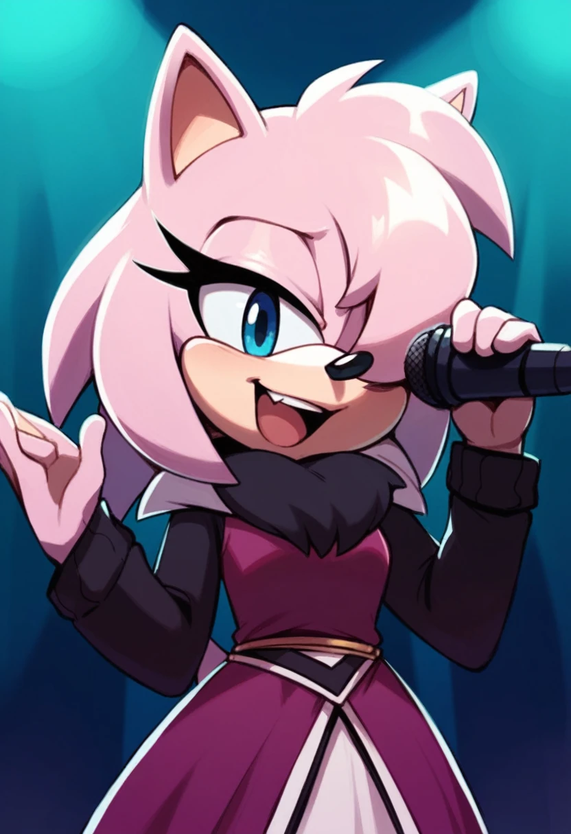Female Hedgehog, mic in hand, singing, dark color fur, dress, bangs over eye, blue eyes, smug expression