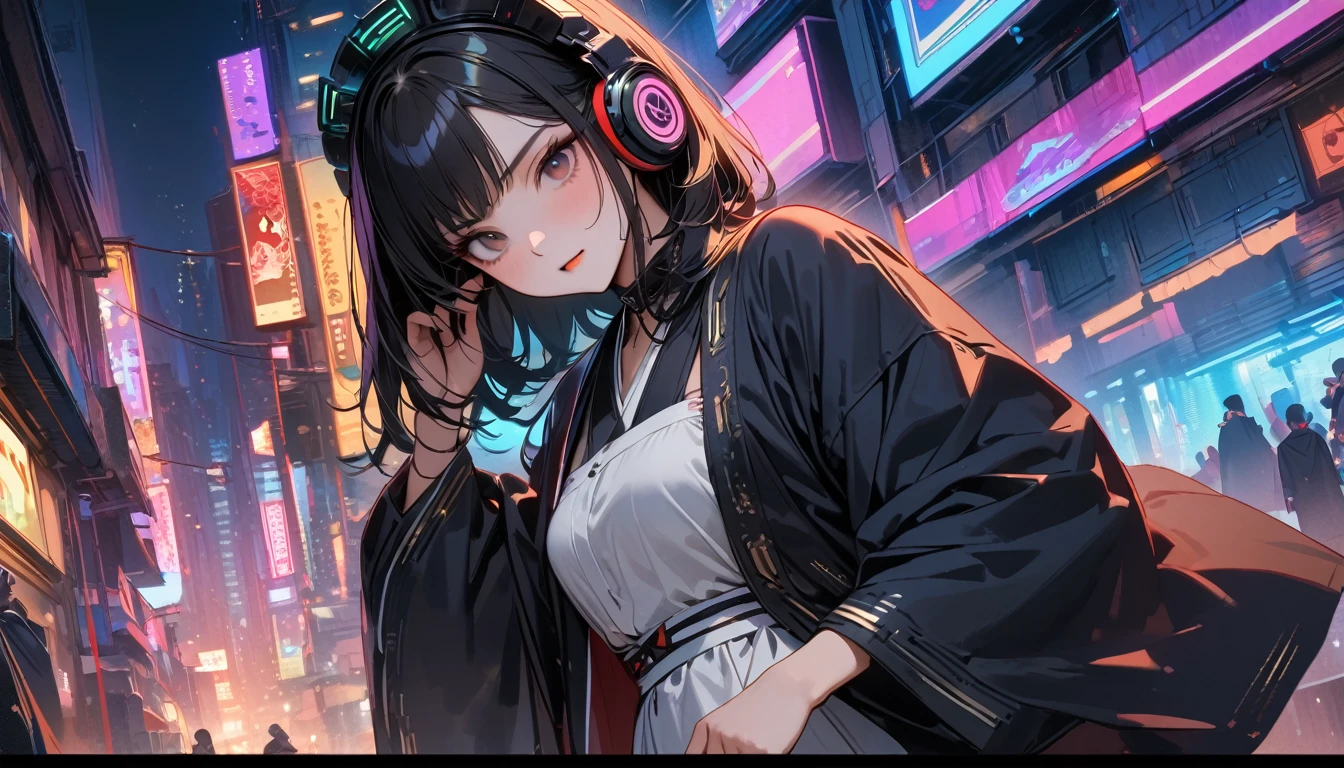(((8K, Masterpiece, high resolution, highest quality, highest quality real texture skin))), ((wearing Japanese pattern headphones)), (((1 girl))), (((Japanese pattern haori))), (((Holding the sword with both hands))), (((Cyberpunk City at Night))), ((sunglasses)), (((Maid))), (Black shiny hair, beige skin)
