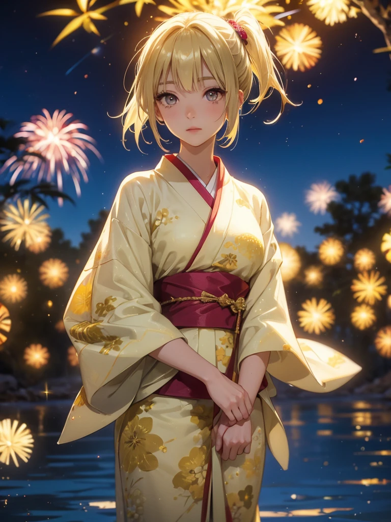 Kyoko , kimono night in firework , blonde hair, pigtailed haired , yellowish eyes, short hair