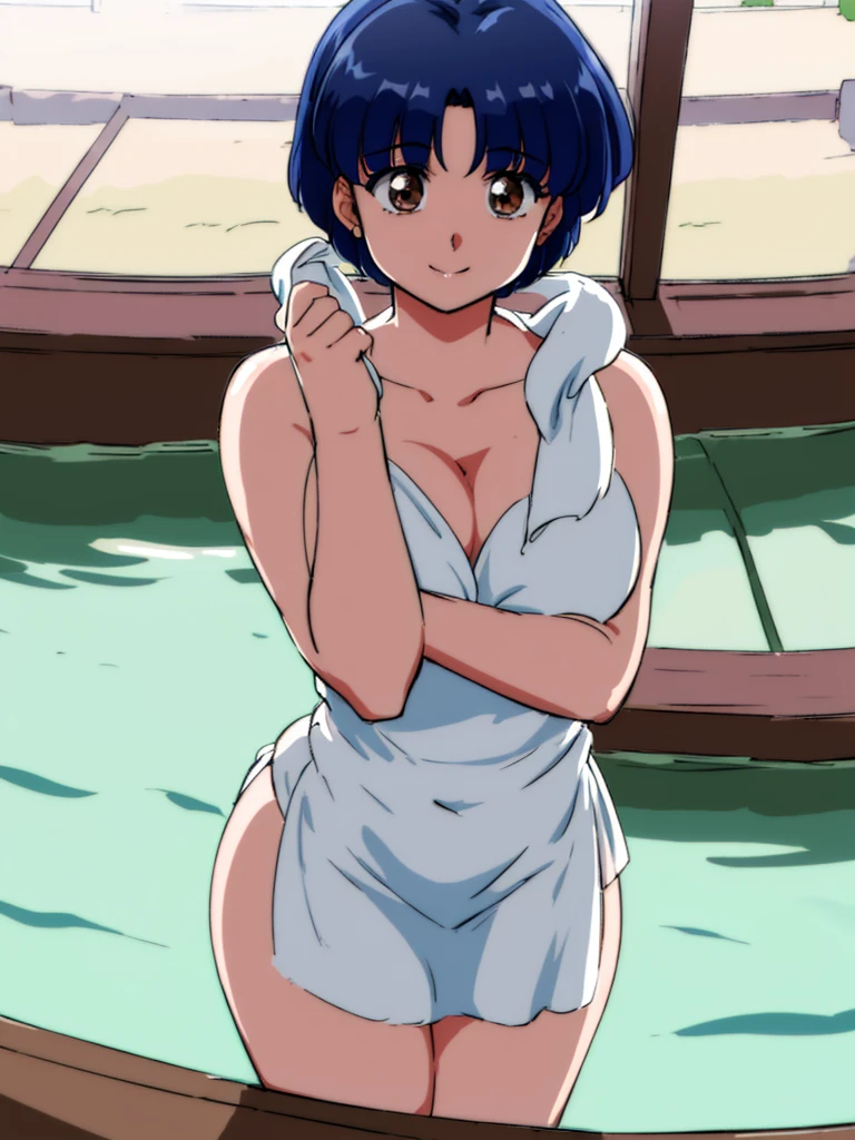 HDR, CG, sharp focus, (8k), (4k), masterpiece, best quality, detailed skin, extremely detailed, hiper detailed, sharp focus, looking at viewer, high quality, AKANE, Akane tendou, short hair, blue hair, brown eyes , tetas grandes, solo, 1girl, hands on chest,  towel, waving, happy smile, hot springs, inside water, 
