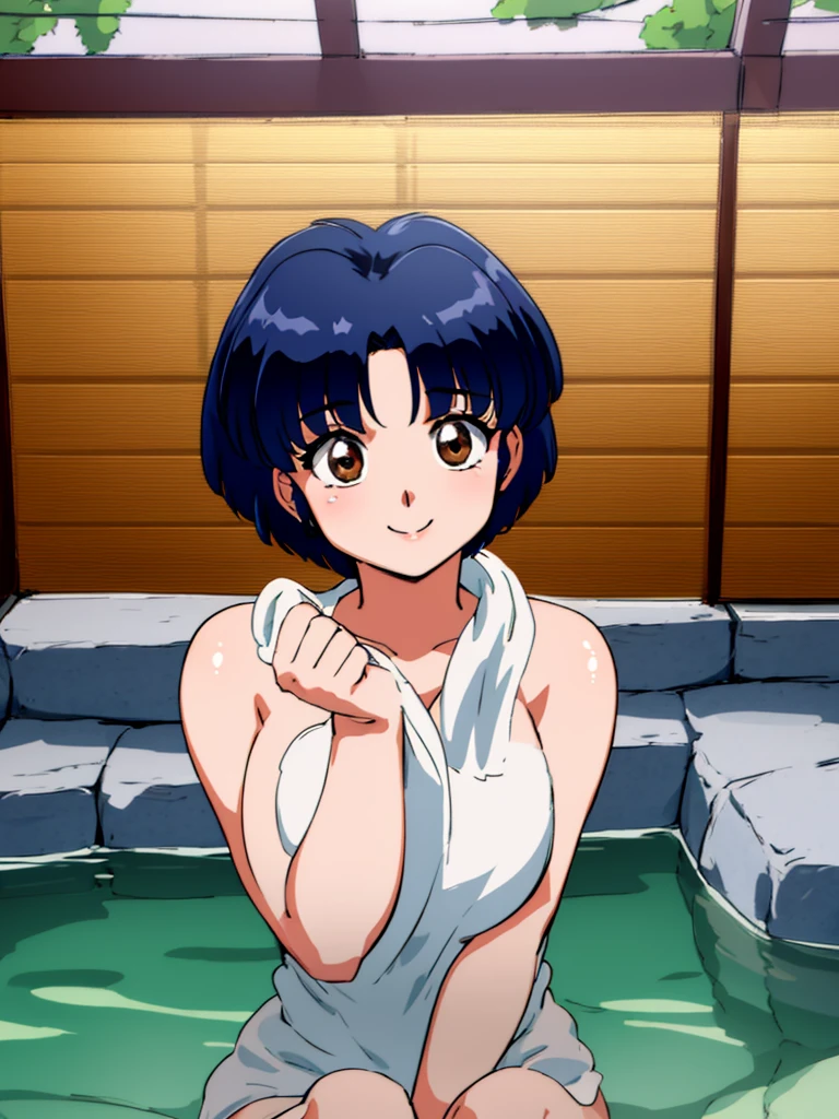 HDR, CG, sharp focus, (8k), (4k), masterpiece, best quality, detailed skin, extremely detailed, hiper detailed, sharp focus, looking at viewer, high quality, AKANE, Akane tendou, short hair, blue hair, brown eyes , tetas grandes, solo, 1girl, hands on chest, towel, waving, happy smile, hot springs, inside water,