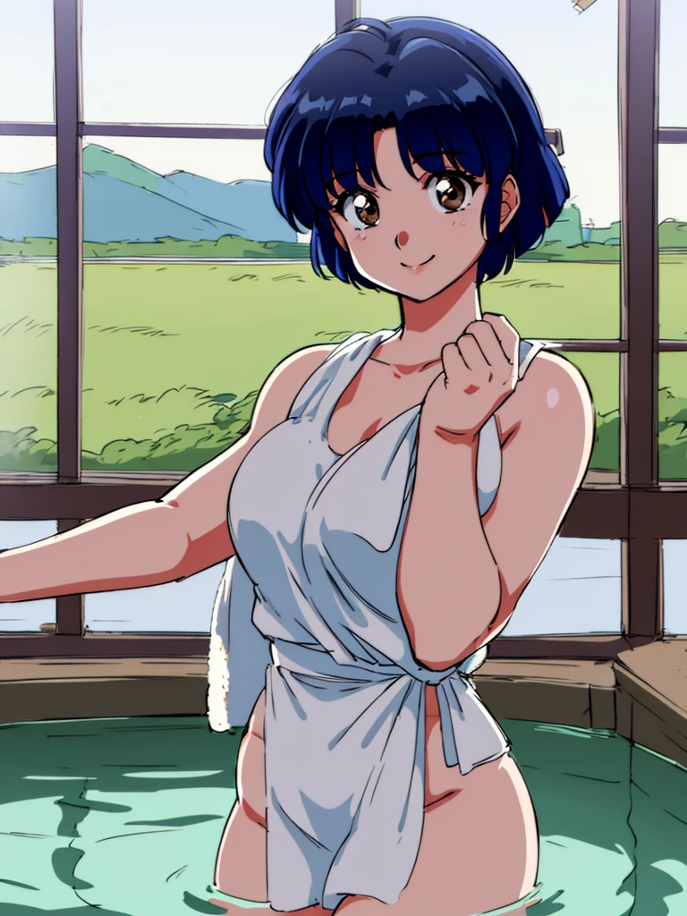 HDR, CG, sharp focus, (8k), (4k), masterpiece, best quality, detailed skin, extremely detailed, hiper detailed, sharp focus, looking at viewer, high quality, AKANE, Akane tendou, short hair, blue hair, brown eyes , tetas grandes, solo, 1girl, hands on chest,  towel, waving, happy smile, hot springs, inside water, 
