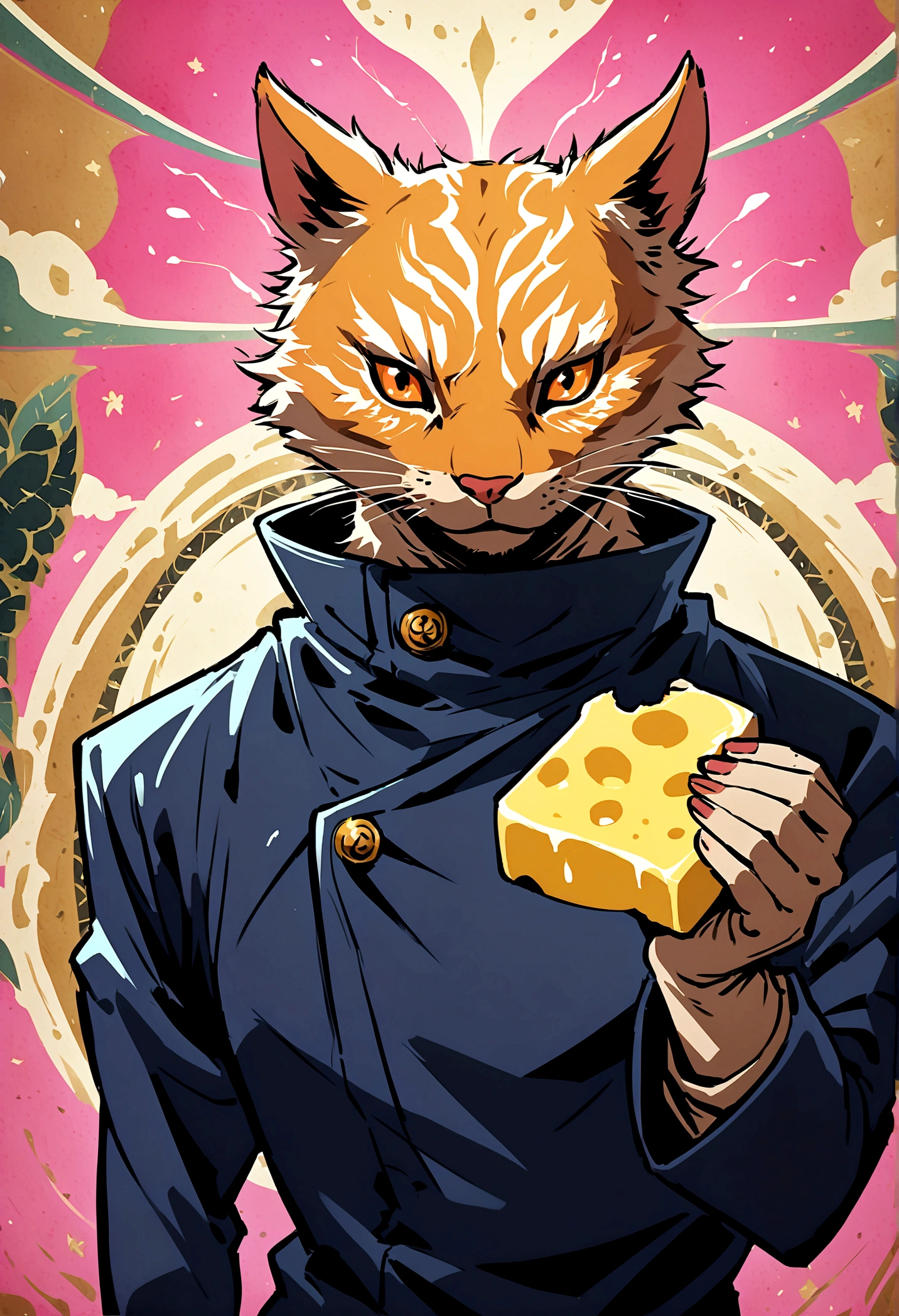 (jujutsu kaisen art style), stuff rat holding cheese, non human, no humans, artwork