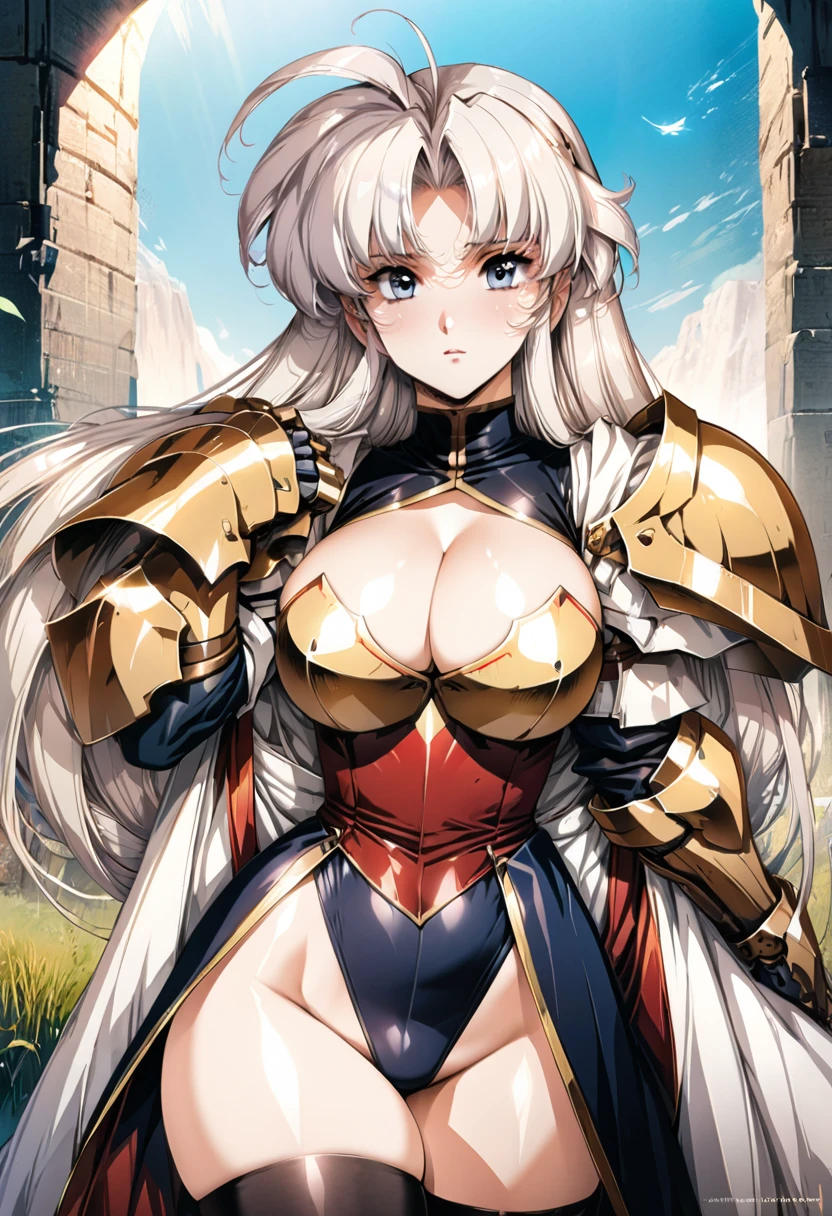 ((highest quality)), ((masterpiece)), ((hyperrealistic)), (detailed background), anime style, solo, 1girl, ((langrisser)), ((curvy: 1.2)), kawaii, ((cleavage cutout leotard)), ((knight dress)), white long hair, ahoge, forehead, parted bangs, (long coat), ((large breasts)), ((breastplate)), (zettai ryouiki black knee socks), ((gauntlet)), (big butt), (thighs), (groin), beautiful eyes, perfect face, Perfect hands, perfect fingers, Blue sky and grassland,