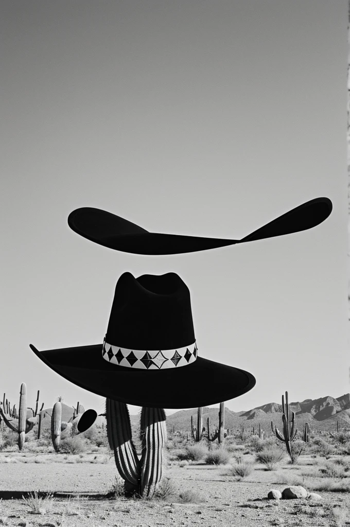 A big cactus with a cowboy hat in minimalist cartoon style and in black and white