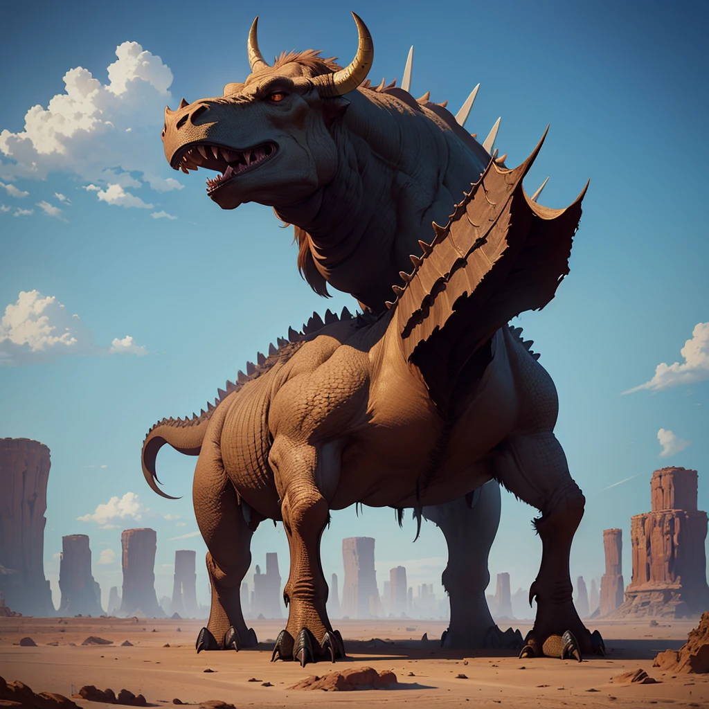 behemoth,  big monster,  sauropod or a giant three-horned bull, armored body,  typical of deserts, ((best qualityer, extreme quality, Masterpiece artwork)), realisitic