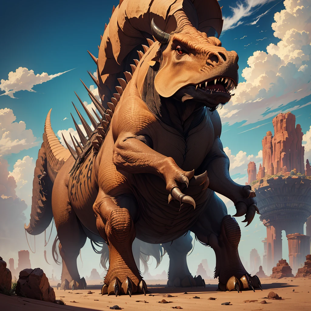 behemoth,  big monster,  sauropod or a giant three-horned bull, armored body,  typical of deserts, ((best qualityer, extreme quality, Masterpiece artwork)), realisitic