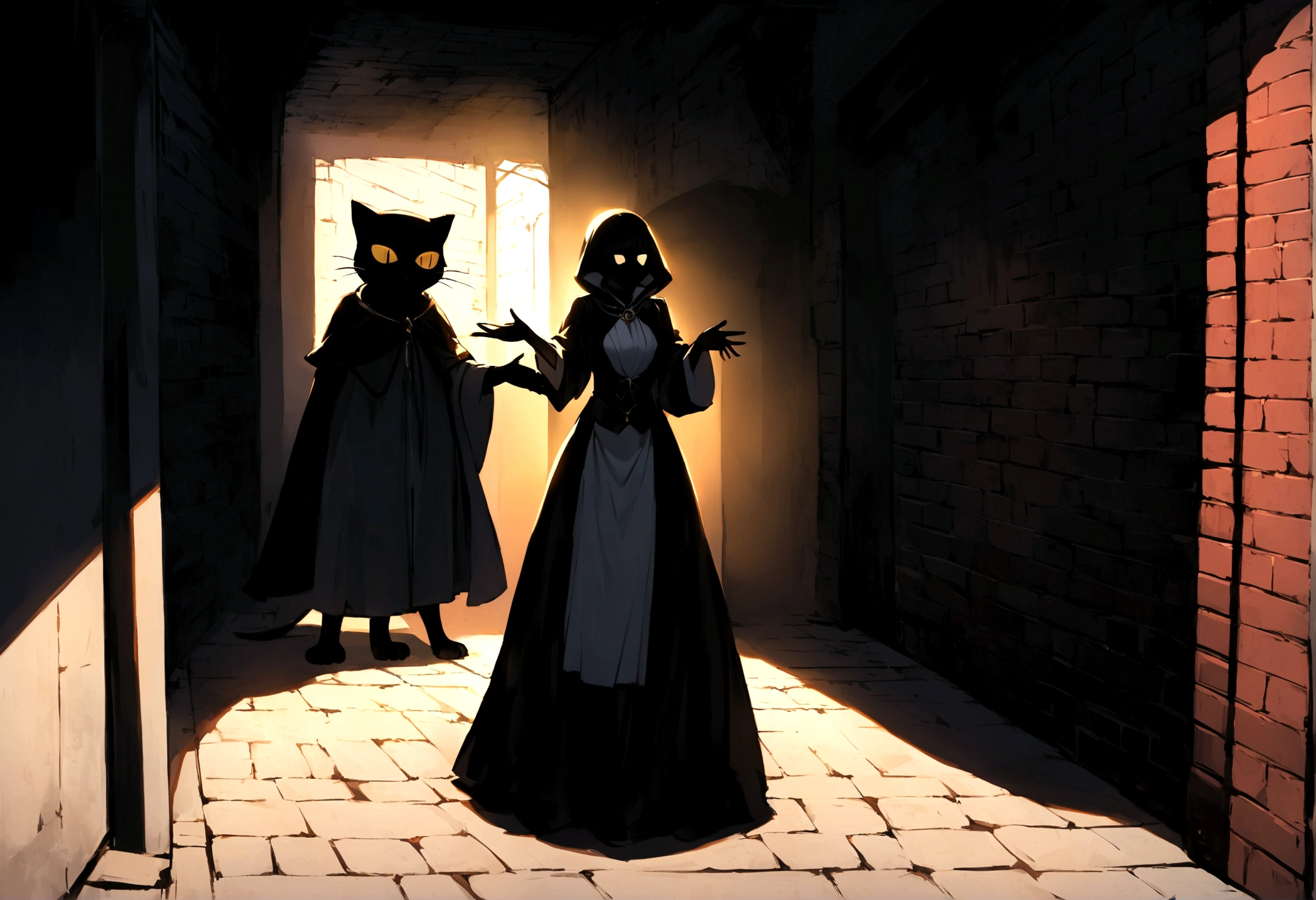In a dimly lit alley, Kuro, the black anthropomorphic cat in a tattered cloak, meets a white anthropomorphic cat named Leona. Leona has a confident expression and is wearing a simple, elegant robe. They are standing close, with Leona gesturing as if explaining something important. The background shows brick walls and shadows, giving a sense of secrecy and mystery.