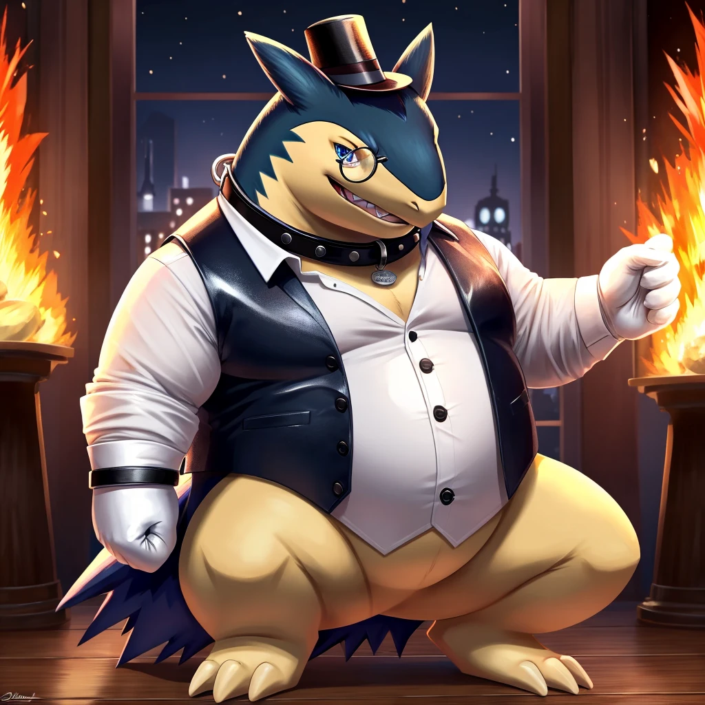 Solo, Male, fat, squatting, extremely obese, gentleman, dapper, Typhlosion, blue eyes, (soft shading), 4k, hi res, ((detailed face, detailed)), looking at viewer, evil grin, collared shirt with buttons, top hat, male focus, Tuxedo, glasses, monocle, vest with buttons, sleeves rolled up, round eyewear, brown headwear, brown vest, Typhlosion is wearing a glossy leather dog collar around the neck, Typhlosion is wearing the leather collar and shirt and vest at the same time, Typhlosion is wearing glossy white rubber gloves on the hands, wearing white rubber gloves on the feet, Typhlosion is wearing glossy white cuffs around the wrists with cufflinks, gloves are rubber in texture, clenching teeth, clenching fists, leather collar is glossy and shiny with a lot of detail, Typhlosion is wearing gloves and cuffs and cufflinks at the same time, leather collar has a round dog-tag, leather collar is thick and detailed.