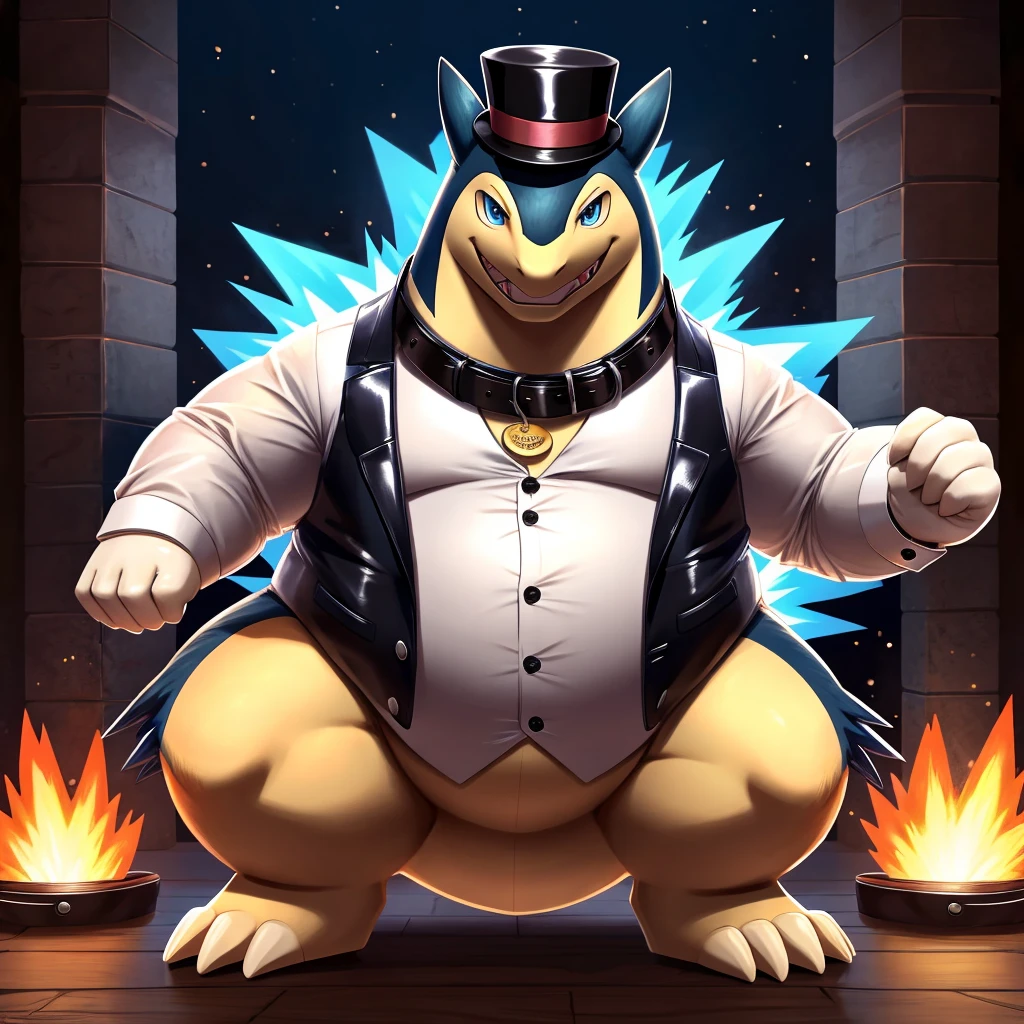 Solo, Male, fat, squatting, extremely obese, gentleman, dapper, Typhlosion, blue eyes, (soft shading), 4k, hi res, ((detailed face, detailed)), looking at viewer, evil grin, collared shirt with buttons, top hat, male focus, Tuxedo, glasses, monocle, vest with buttons, sleeves rolled up, round eyewear, brown headwear, brown vest, Typhlosion is wearing a glossy leather dog collar around the neck, Typhlosion is wearing the leather collar and shirt and vest at the same time, Typhlosion is wearing glossy white rubber gloves on the hands, wearing white rubber gloves on the feet, Typhlosion is wearing glossy white cuffs around the wrists with cufflinks, gloves are rubber in texture, clenching teeth, clenching fists, leather collar is glossy and shiny with a lot of detail, Typhlosion is wearing gloves and cuffs and cufflinks at the same time, leather collar has a round dog-tag, leather collar is thick and detailed.