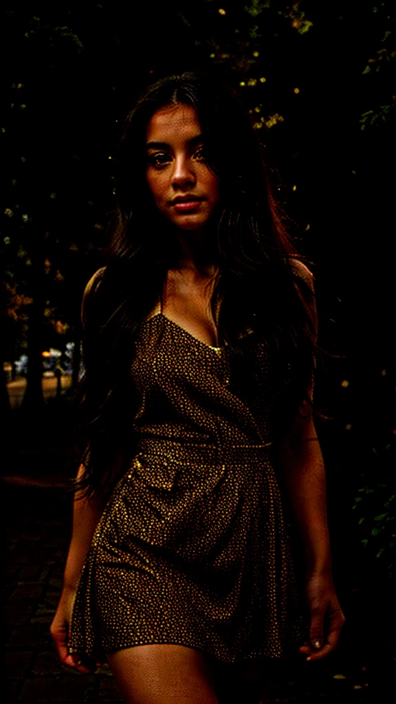 a woman walking in a shopping park, tiger print dress, detailed face and eyes, beautiful long hair, sunlight filtering through trees, lush greenery, cobblestone path, high quality, photorealistic, vivid colors, intricate details, 8k, masterpiece