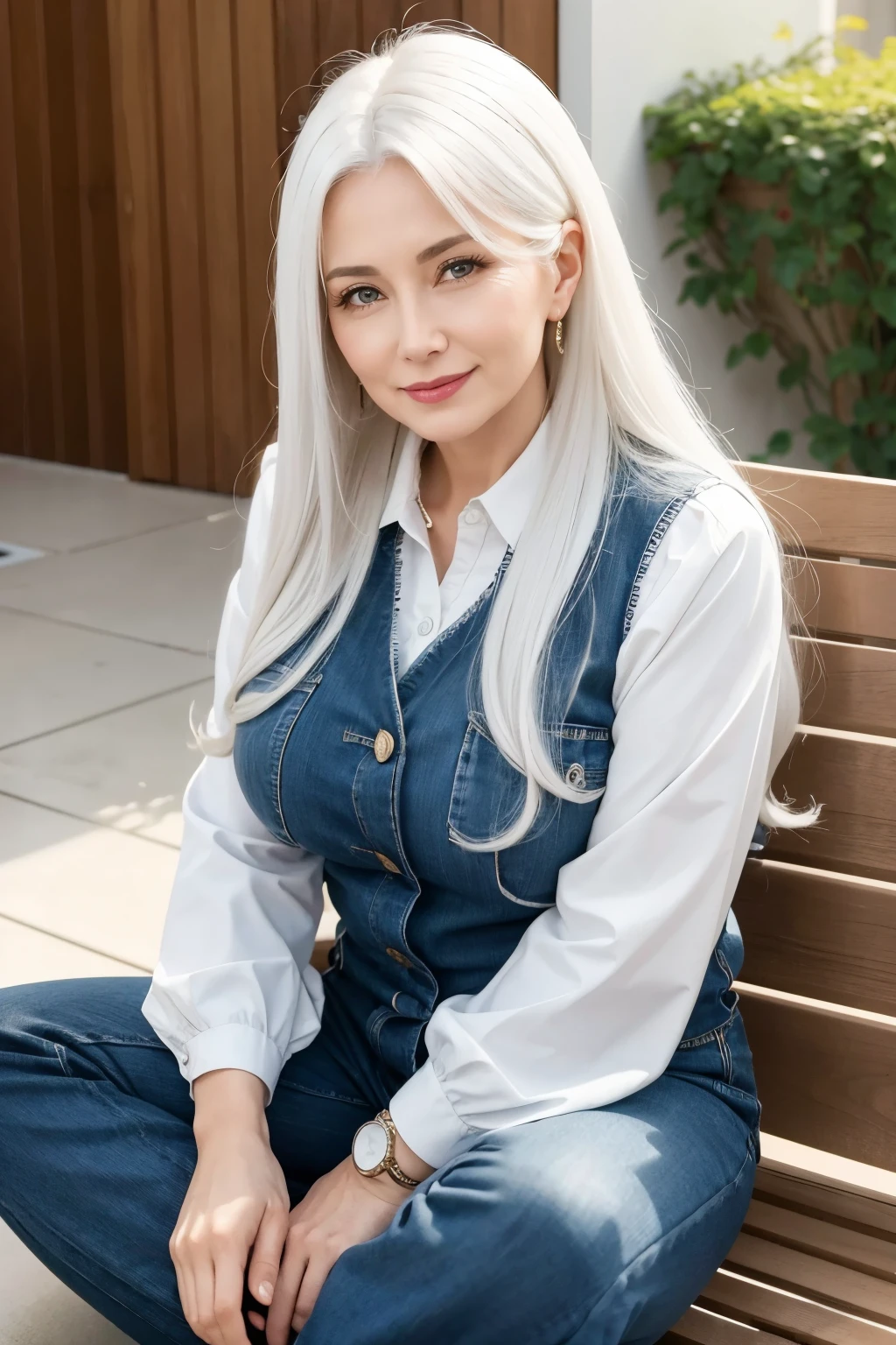 A beautiful 50 year old lady with long white hair sitting with positive ideas