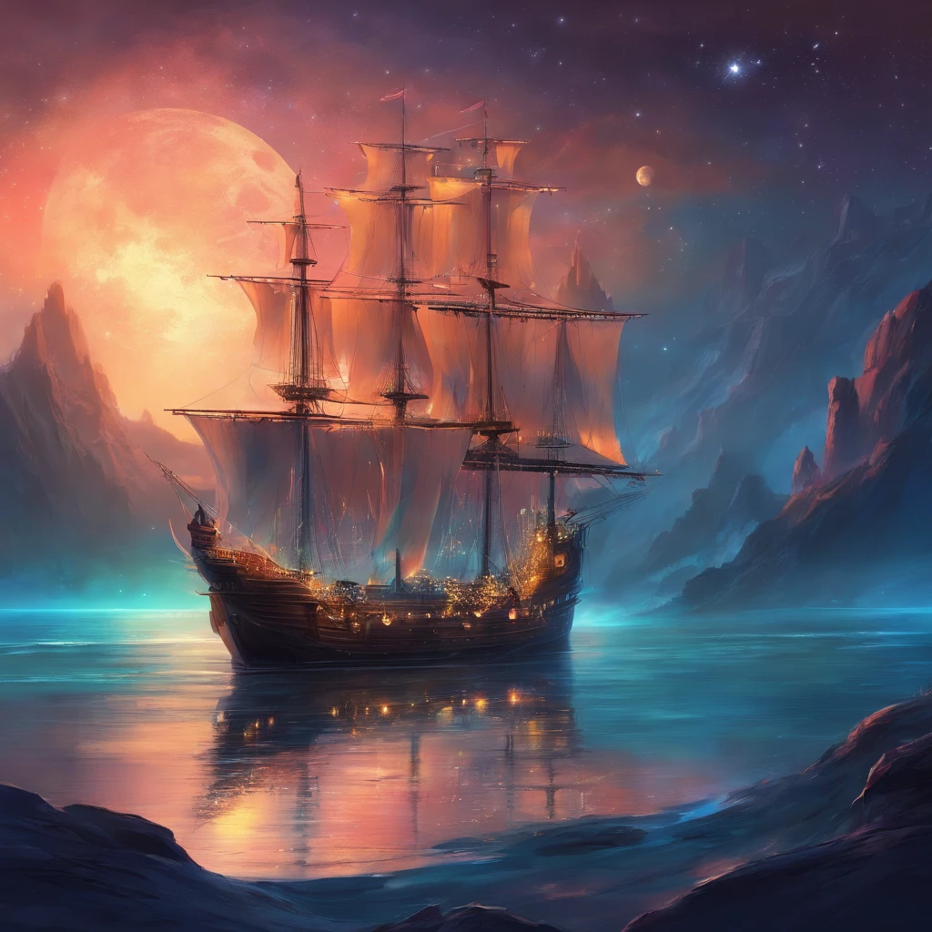 Sea Night Ship Starry Sky Real Planet Fantastic Quiet Water Surface