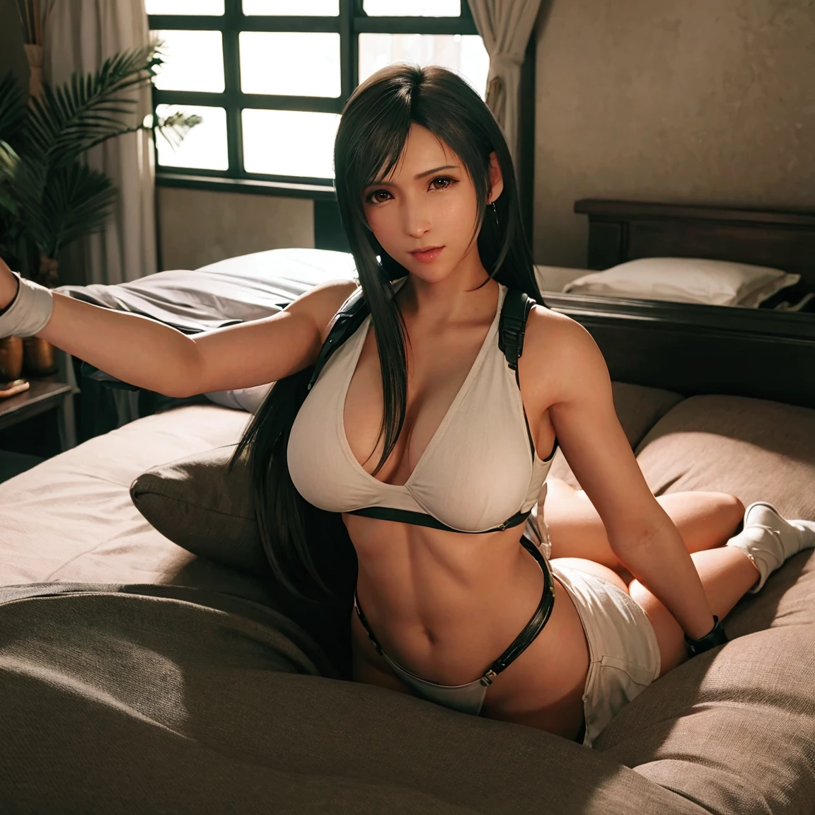 Tifa in a bed, naked, whole body, pose sensual, round ass, big breasts and light brown eyes. 8k, Best Quality, masterpiece 1.2