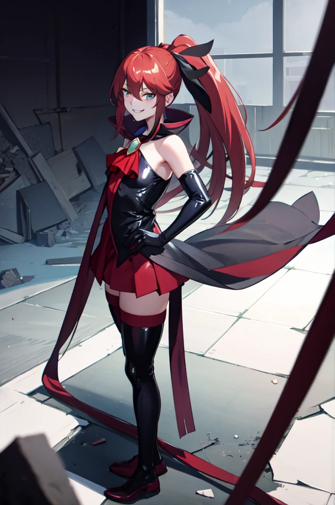 Highest quality, masterpiece, One Girl,Not beautiful, Red Ponytail, Long dress, brooch, Hair Ribbon, , Black knee socks, Standing on the rubble, (Evil smile:1.1), ,,Dark shadow face,Sadistic smile,Malice,Contempt,smile,latex,Bad face,,Red Skirt,both hands,Two legs,Five Fingers,Evil background,Elbow hand pockets,latex, Evil smile, Debish Aura (Shiny fabric:1.5),Dark world background,shaded face(eyes in shadow)