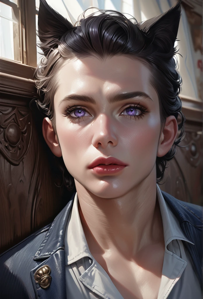 1 man, short black hair, black cat ears, purple buttoned jacket, white undershirt, dark blue jeans, detailed face, beautiful detailed eyes, beautiful detailed lips, extremely detailed eyes and face, long eyelashes, realistic, photorealistic, photo-realistic:1.37, (best quality,4k,8k,highres,masterpiece:1.2),ultra-detailed,(realistic,photorealistic,photo-realistic:1.37),studio lighting,vivid colors,portrait