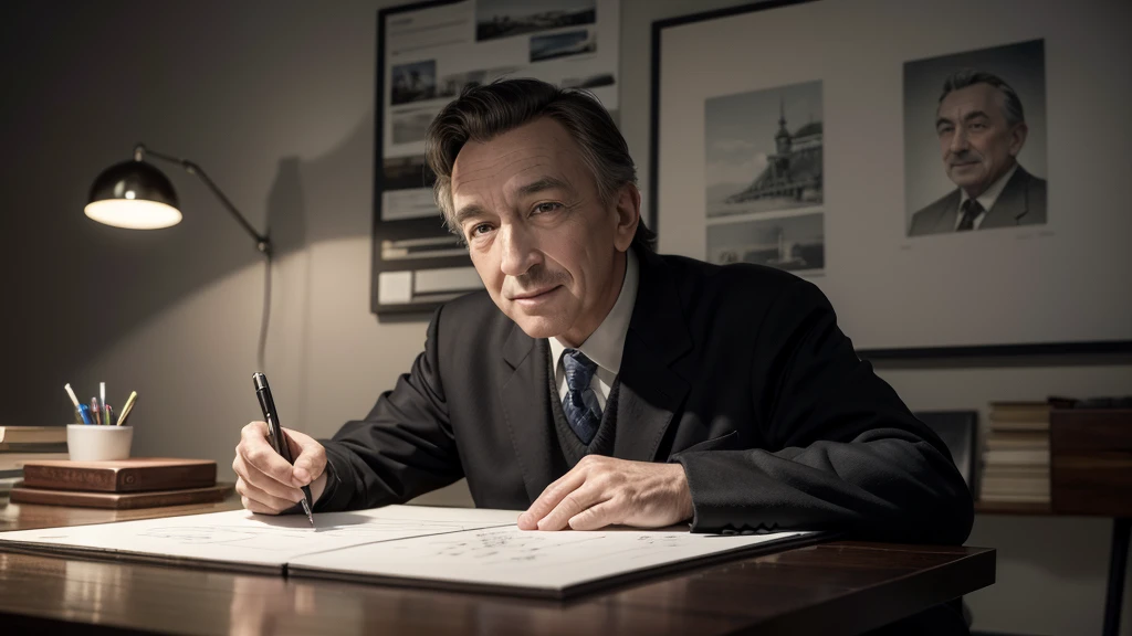 Create a high resolution (4K) image of Walt Disney. He should be smiling and holding a black ink pen, as if he is about to sign a document or draw. In the background, include a scene from his classic office, with sketches of Disney characters on the walls and a table with drawing supplies. The lighting should be soft and warm, enhancing the creative and inspiring atmosphere of the place.