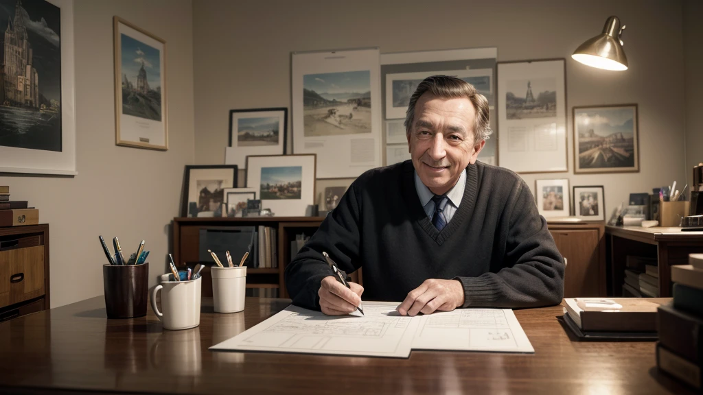 Create a high resolution (4K) image of Walt Disney. He should be smiling and holding a black ink pen, as if he is about to sign a document or draw. In the background, include a scene from his classic office, with sketches of Disney characters on the walls and a table with drawing supplies. The lighting should be soft and warm, enhancing the creative and inspiring atmosphere of the place. 