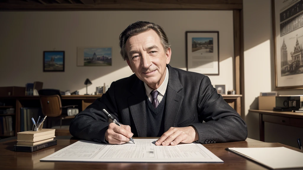 Create a high resolution (4K) image of Walt Disney. He should be smiling and holding a black ink pen, as if he is about to sign a document or draw. In the background, include a scene from his classic office, with sketches of Disney characters on the walls and a table with drawing supplies. The lighting should be soft and warm, enhancing the creative and inspiring atmosphere of the place.