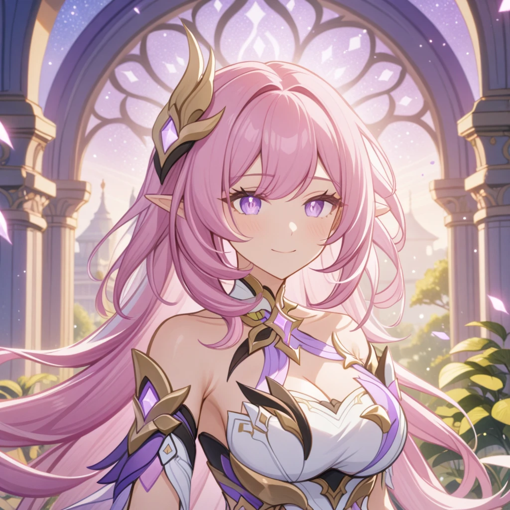 ai-generated,very aesthetic,1girl,elysia_/(herrscher_of_human:ego/)_/(honkai_impact/),pointed_ears,pink_hair,dreamy anime fantasy background of a fairytale garden with a palace,raytracing,light purple eyes,floating,light particles,dsmile,starry sky,celestial,intricate,large breasts,long eyelashes,goddess,(best quality,4k,8k,highres,masterpiece:1.2)