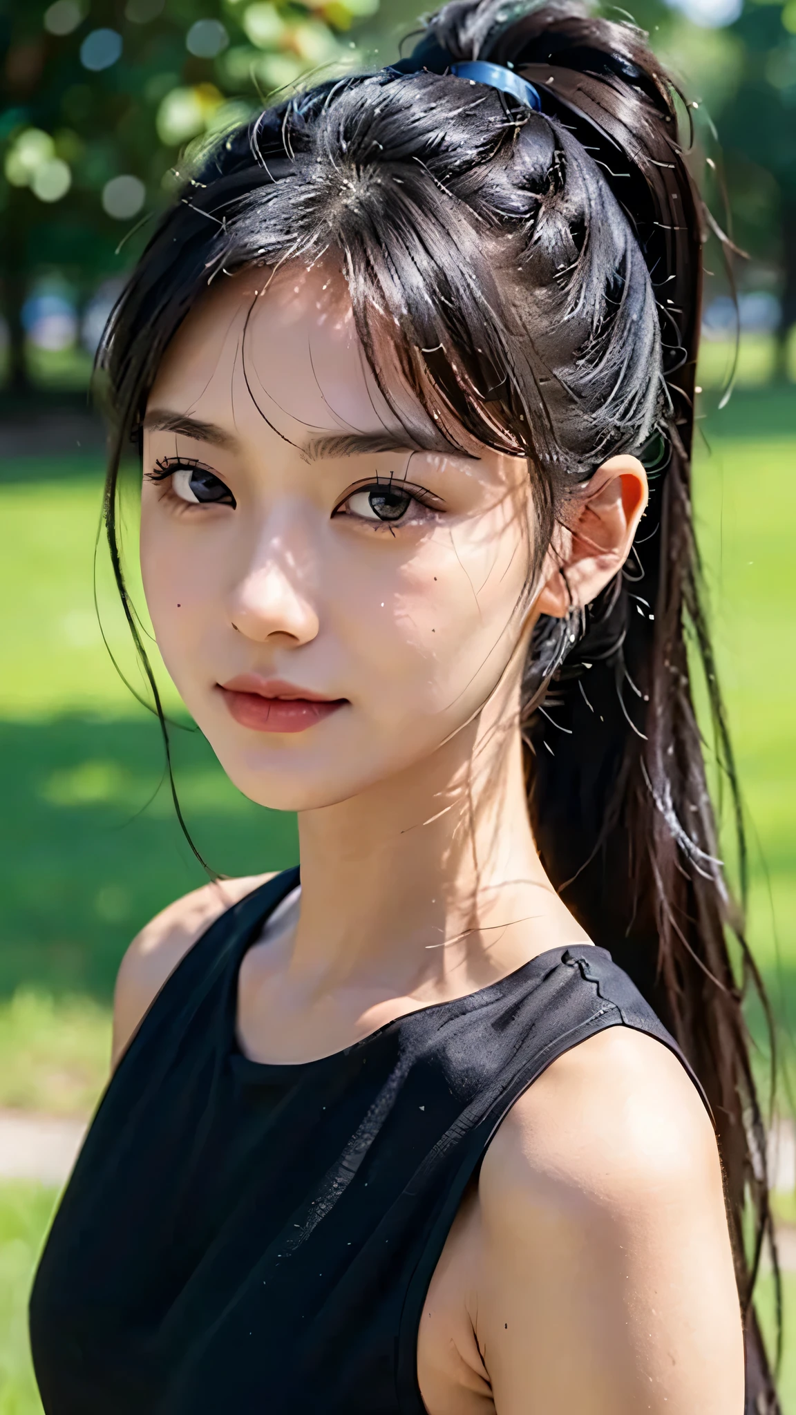 dress,outdoors,Urban Park,On the lawn,One woman,close up face,fully body photo,masutepiece, The highest image quality, High quality, the background is clear，Beautiful woman, Japanese, Detailed, Ultra-detailed, finely detail, hight resolution, 8K Wallpaper, Perfect dynamic composition, Beautiful detailed eyes ,Detailed eyes, Detailed skin, Beautiful skin, 超hight resolution, (reality: 1.4),Very beautiful woman, Slightly younger face, Beautiful skin, slender, (Ultra photo realsisim), (hight resolution), (8K), (Very detailed) (beautifully detailed eyes), (super detailed),   (Detailed face), view the viewer, Fine details, Detailed face, Staring straight ahead, Staring straight ahead, photos realistic, Bright lighting, Professional Lighting, Black hair,poneyTail,a baby face,sixteen years old,Hairstyle: ponytail,Long ponytail hairstyle,slight smile,