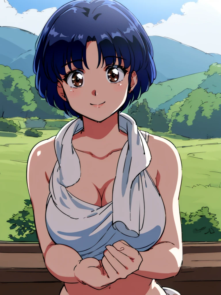 HDR, CG, sharp focus, (8k), (4k), masterpiece, best quality, detailed skin, extremely detailed, hiper detailed, sharp focus, looking at viewer, high quality, AKANE, Akane tendou, short hair, blue hair, brown eyes , tetas grandes, solo, 1girl, hands on chest,  towel, waving, happy smile, hot springs, inside water, 
