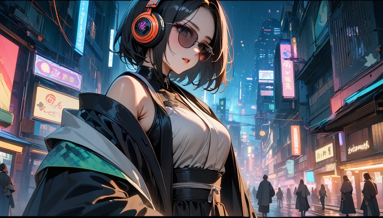 (((8K, Masterpiece, high resolution, highest quality, highest quality real texture skin))), ((wearing Japanese pattern headphones)), (((1 girl))), (((Japanese pattern haori))), (((Holding the sword with both hands))), (((Cyberpunk City at Night))), ((sunglasses)), (((Maid))), (Black shiny hair, beige skin)
