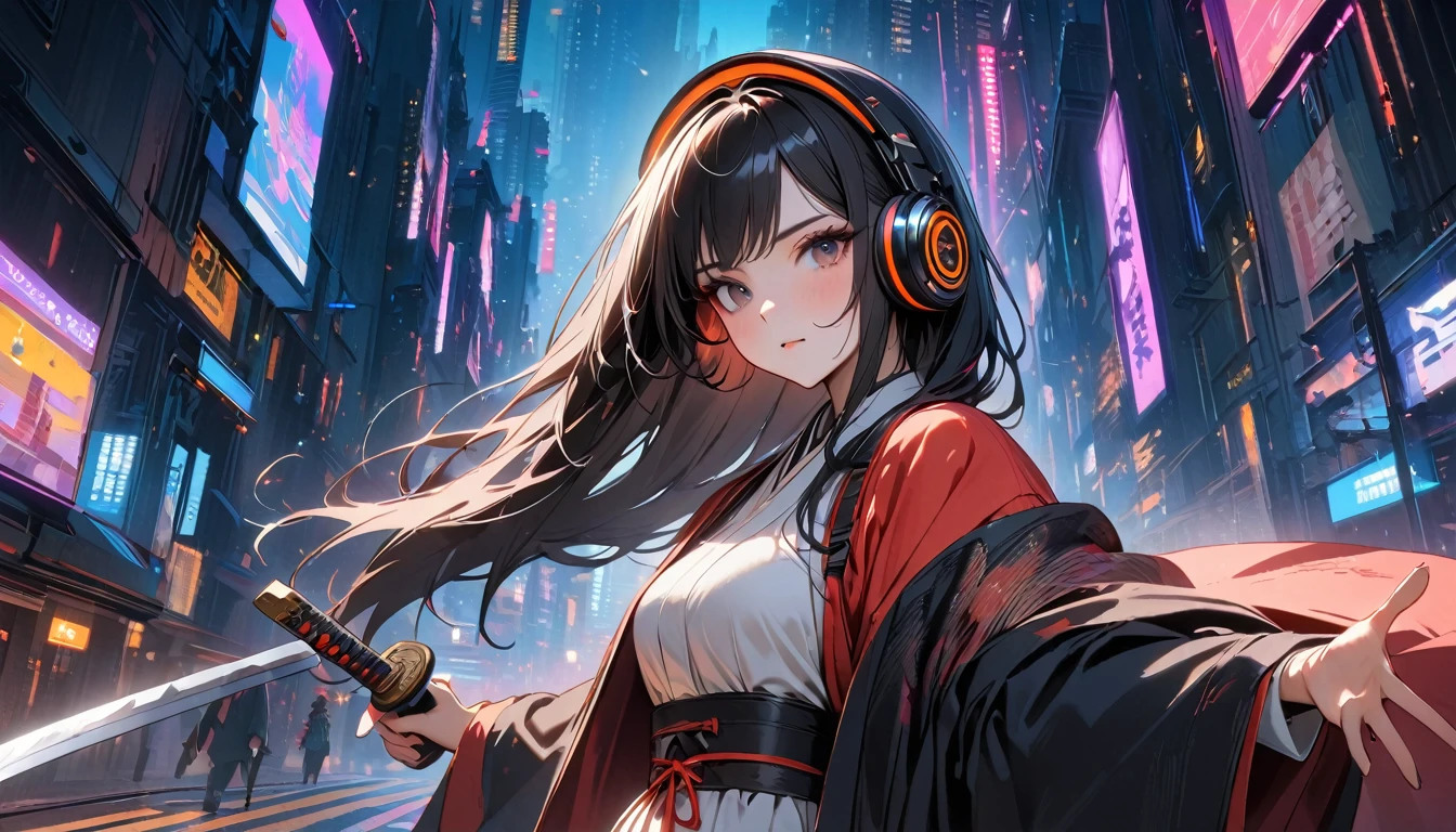 (((8K, Masterpiece, high resolution, highest quality, highest quality real texture skin))), ((wearing Japanese pattern headphones)), (((1 girl))), (((Japanese pattern haori))), (((Holding the sword with both hands))), (((Cyberpunk City at Night))), ((sunglasses)), (((Maid))), (Black shiny hair, beige skin)