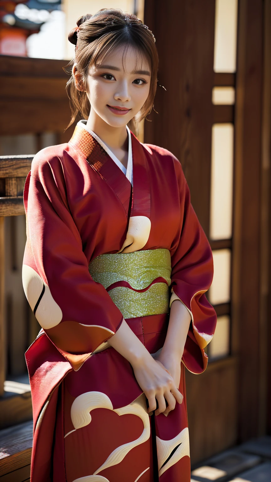 (((Regular dressing:1.5))),(Surreal), (High resolution), (8K), (Very detailed), (Best illustrations), (Beautifully detailed and sparkling eyes), (Highest quality), (Very detailedな), (masterpiece), (wallpaper), (Detailed face), (Beautiful smile)、(Beautiful expression)、One female、Looking into the camera、((Glamorous Body))、(((Beautiful red kimono、National treasure-class kimono,Thick kimono:1.5)))