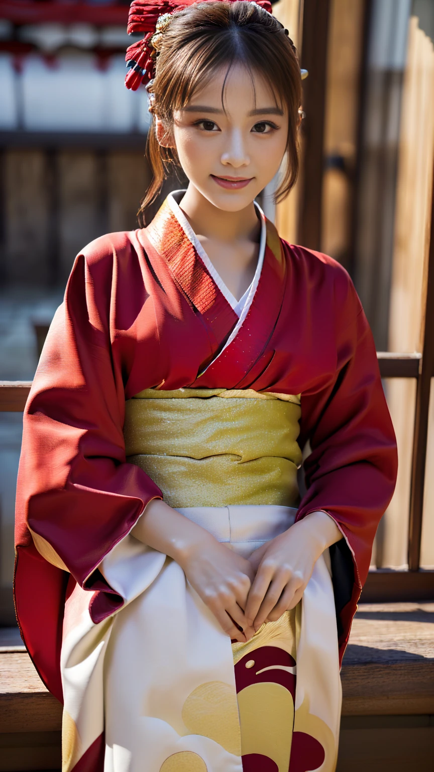 (((Regular dressing:1.5))),(Surreal), (High resolution), (8K), (Very detailed), (Best illustrations), (Beautifully detailed and sparkling eyes), (Highest quality), (Very detailedな), (masterpiece), (wallpaper), (Detailed face), (Beautiful smile)、(Beautiful expression)、One female、Looking into the camera、((Glamorous Body))、(((Beautiful red kimono、National treasure-class kimono,Thick kimono:1.5)))