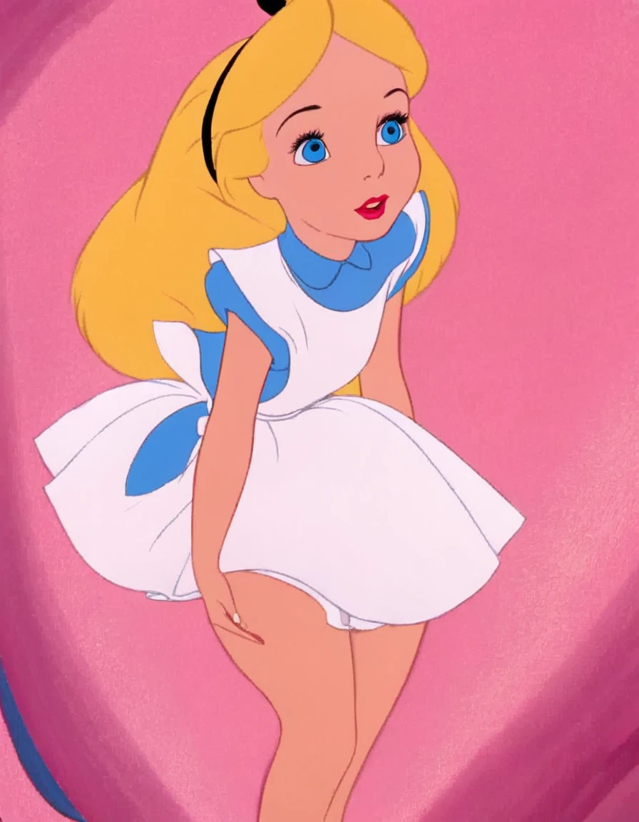 wxaliwonlan, 1girl, solo, long hair, blue eyes, blonde hair, alice (alice in wonderland), disney cartoon, masterpiece, best quality, upskirt view, full view, white panties, 
