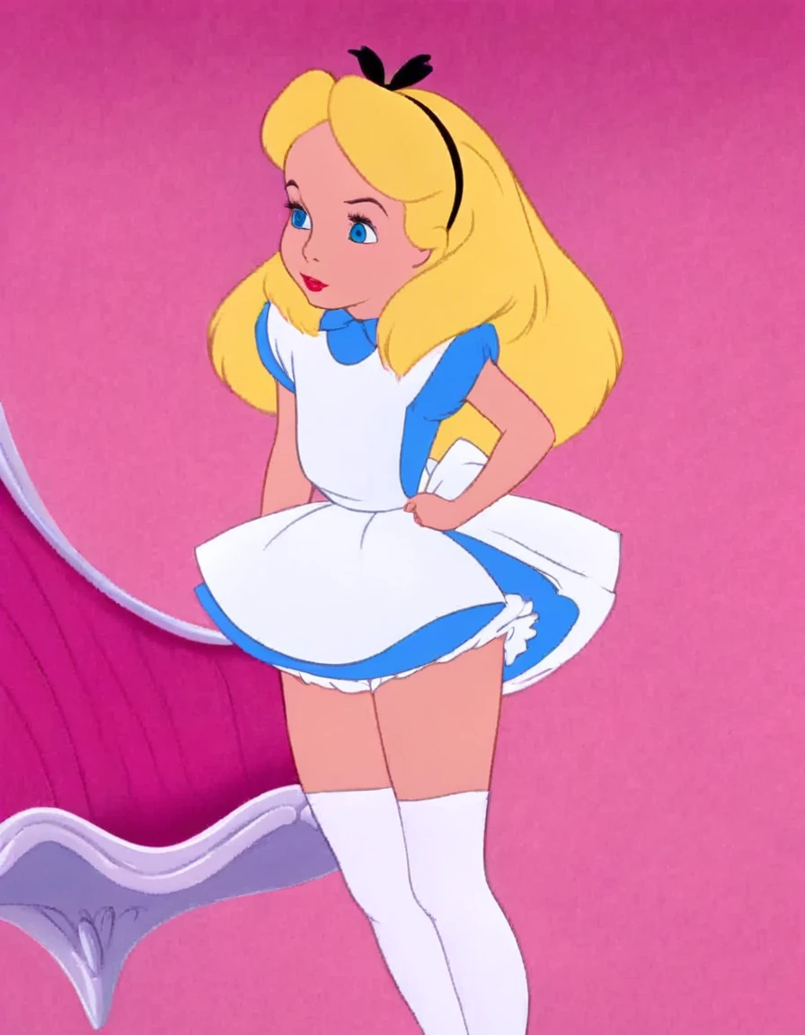 wxaliwonlan, 1girl, solo, long hair, blue eyes, blonde hair, alice (alice in wonderland), disney cartoon, masterpiece, best quality, upskirt view, full view, white panties,