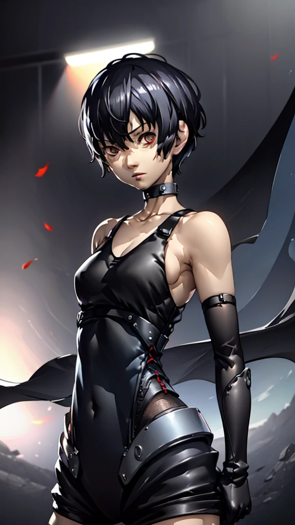 1 girl, very Short hair, tomboy Pixie haircut, black hair, red eyes, lipstick, black choker, face portrait, tank top, shigenori soejima style