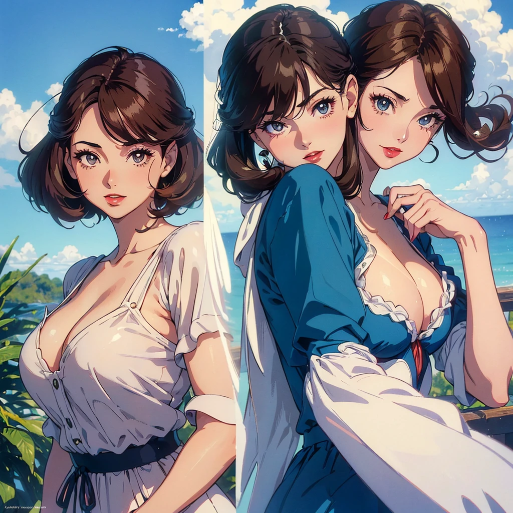(((Masterpiece ,Best Quality, Highest quality realistic retro anime....))),(((as Seiyo Yūtō(Pokémon)angelic ))), blue dress, top wo nerae!, 1 girl, alone, ((hyper realistic long dark brown )), looking at the viewer, SMILE, Hits,shirt ((Very detailed and realistic reddish brown eyes)), Closed mouth, dark brown hair , exterior, sky, day, cloud, tree, blue sky, lips, separate blows, eyelashes, make up, light SMILE, lipstick, portrait, close up, ((retro Best Quality, hyper realistic highest quality artEstiloo)), 1980s ,((fine dark brown fine hair with very real details))exterior, sky, day, cloud, tree, blue sky, lips, separate blows, eyelashes, make up, light SMILE, lipstick, portrait, close up, ((retro Best Quality, hyper realistic highest quality artEstiloo)), 1980s (realistic style)