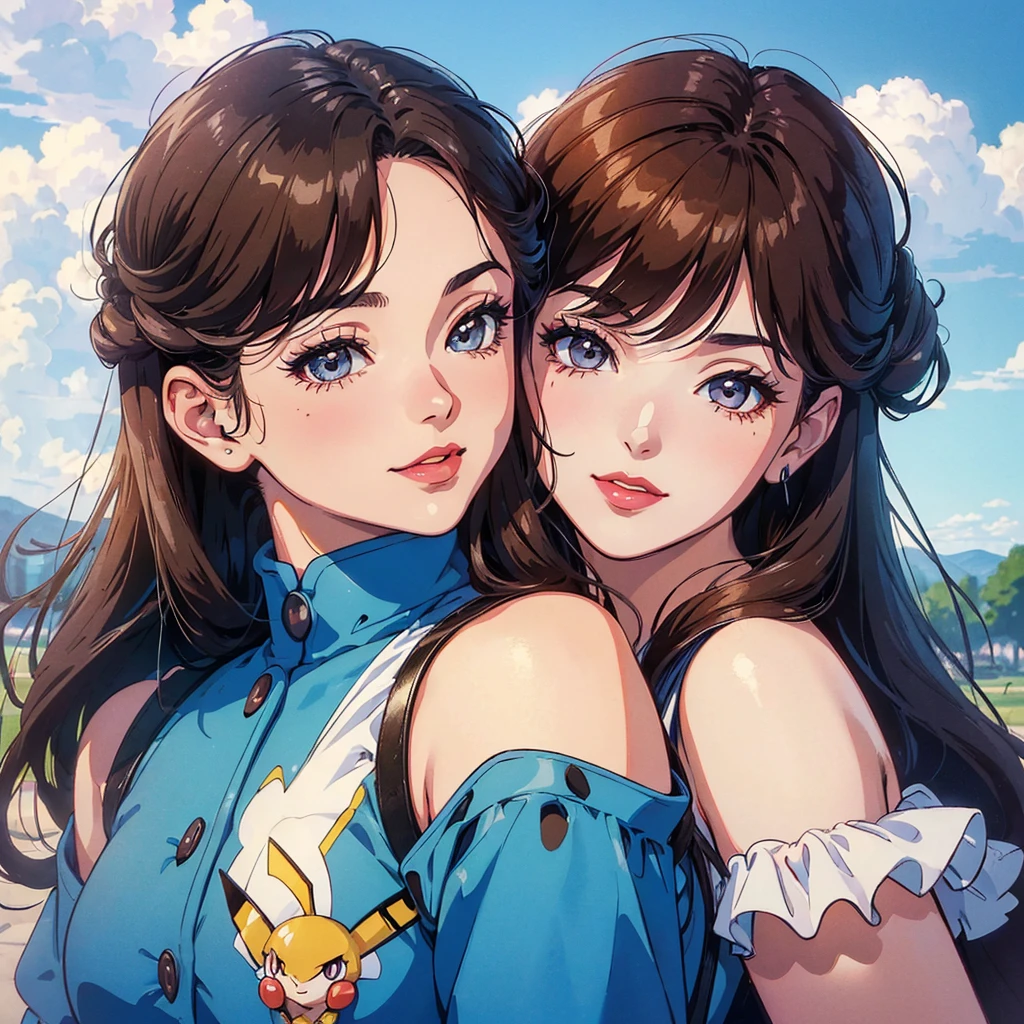 (((Masterpiece ,Best Quality, Highest quality realistic retro anime....))),(((as Seiyo Yūtō(Pokémon)angelic ))), blue dress, top wo nerae!, 1 girl, alone, ((hyper realistic long  dark brown )), looking at the viewer, SMILE, Hits,shirt ((Very detailed and realistic reddish brown eyes)), Closed mouth, dark brown hair , exterior, sky, day, cloud, tree, blue sky, lips, separate blows, eyelashes, make up, light SMILE, lipstick, portrait, close up, ((retro Best Quality, hyper realistic highest quality artEstiloo)), 1980s ,((fine dark brown fine hair with very real details))exterior, sky, day, cloud, tree, blue sky, lips, separate blows, eyelashes, make up, light SMILE, lipstick, portrait, close up, ((retro Best Quality, hyper realistic highest quality artEstiloo)), 1980s (realistic style)