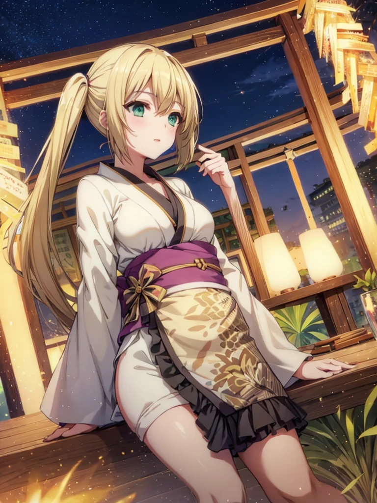 Layla , kimono night in firework , blonde hair, pigtailed haired, green eyes ,long hair