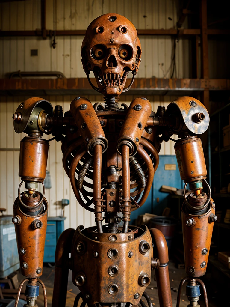 Old cyborg, rusty mechanical body, mechanical body parts, ((rust)), gloomy face, mechanical eyes, rusty exoskeleton, in a tattered workshop, looking at the viewer, gloomy atmosphere,
