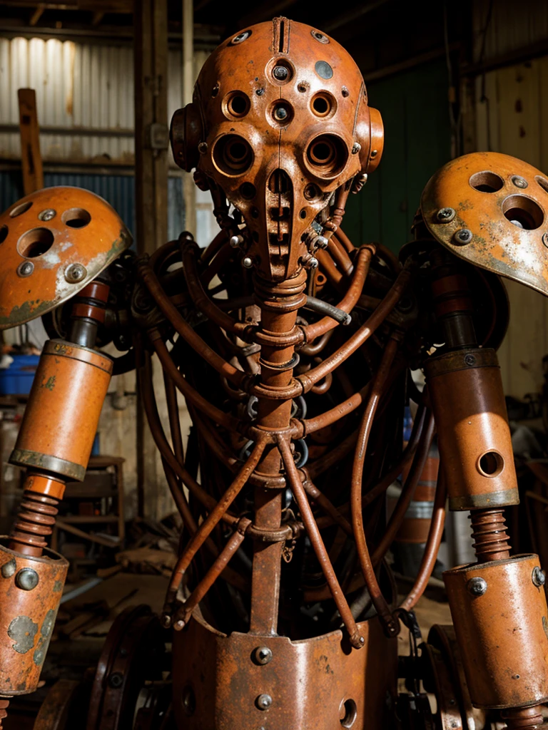 Old cyborg, rusty mechanical body, mechanical body parts, ((rust)), gloomy face, mechanical eyes, rusty exoskeleton, in a tattered workshop, looking at the viewer, gloomy atmosphere,