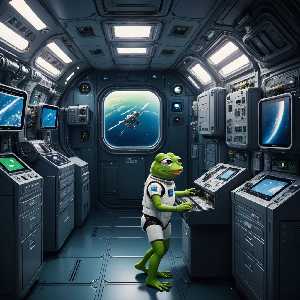 Create an illustration of a space station brimming with advanced technological resources and numerous drawers. In this detailed and futuristic environment, include a character— Pepe_Frog —interacting with or exploring the space station. Integrate a whimsical element by incorporating a small, cartoonish version of ((((Pepe_Frog)))) somewhere in the scene, perhaps as a decorative item or a small robot. The overall composition should convey the complexity and high-tech nature of the space station, with a focus on the boy’s curiosity and the intriguing array of technology around him.