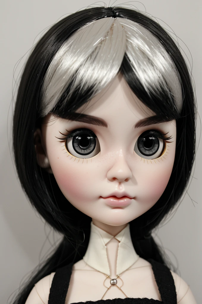 Blythe doll short black hair, black eyes, two moles on the face, 
