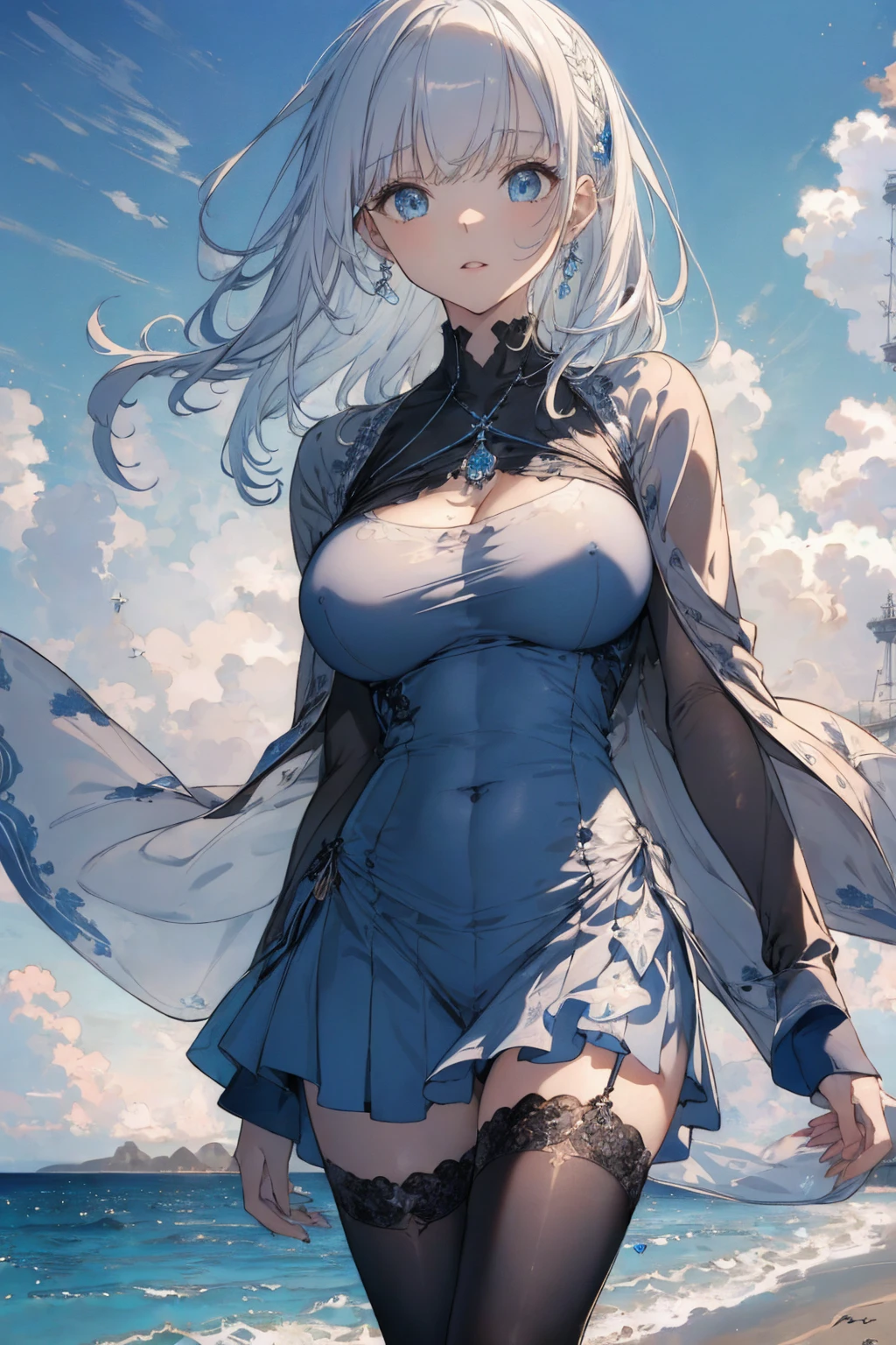 (seaside photo:1.1, in blue marine:1.5), Masterpiece, best quality, (very detailed CG unity 8k wallpaper), (best quality), High definition RAW color art, Animation,sculptures, (black Marble Skin), (((Ultra detailed elegant))), Magical atmosphere, Detailed skin, Texture,(Intricately detailed, Fine detail, ultra-detail art), depth of fields, bokeh, Silky Touch, Hyper Detail, beautiful eyes, Elegant Face, (standing, view from below), sparkle background, enormous breast:1.3, (silver hair), pure white, muscle, embarrassing red face, wide open udder, shorthair, t-shirt or parka
