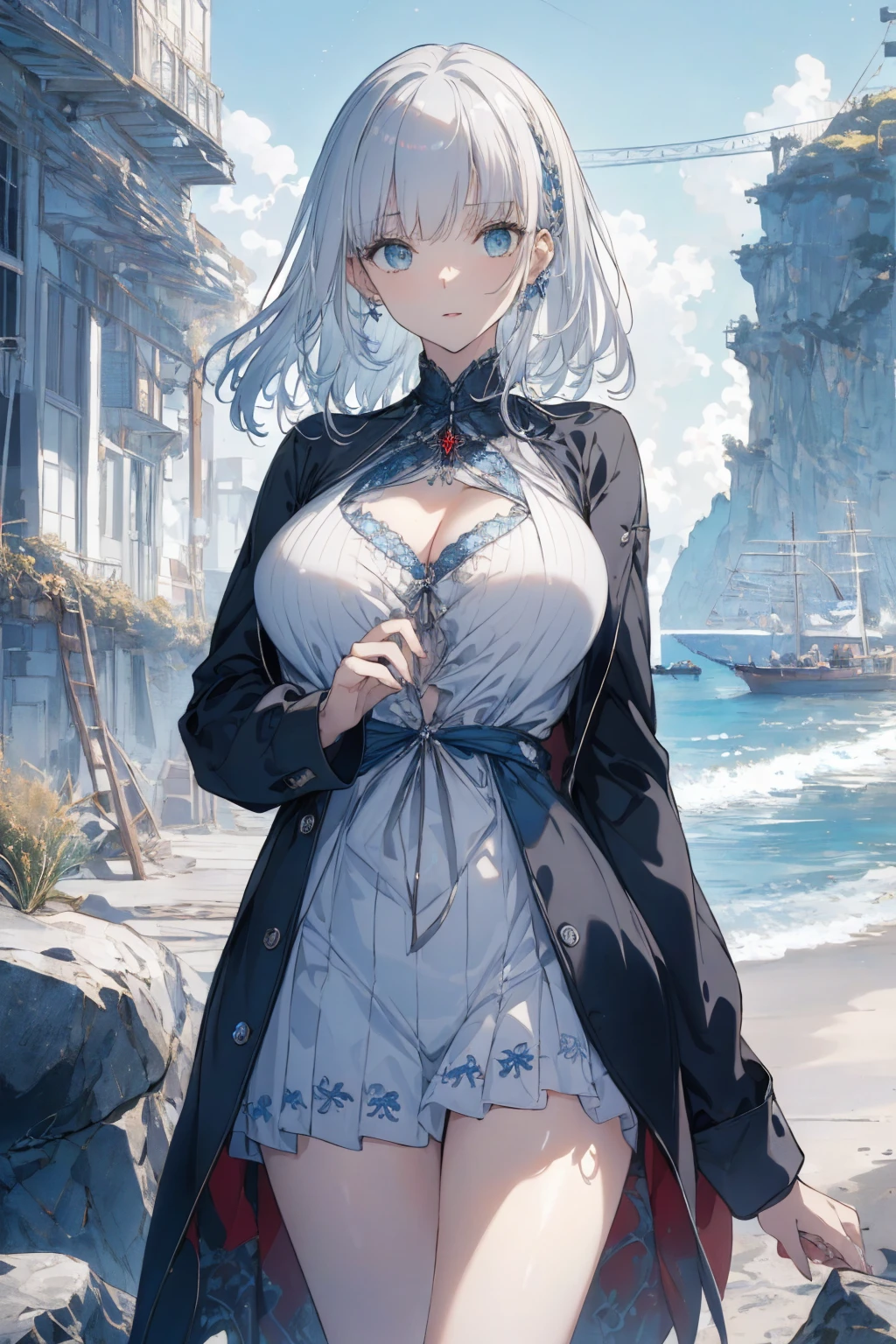 (seaside photo:1.1, in blue marine:1.5), Masterpiece, best quality, (very detailed CG unity 8k wallpaper), (best quality), High definition RAW color art, Animation,sculptures, (black Marble Skin), (((Ultra detailed elegant))), Magical atmosphere, Detailed skin, Texture,(Intricately detailed, Fine detail, ultra-detail art), depth of fields, bokeh, Silky Touch, Hyper Detail, beautiful eyes, Elegant Face, (standing, view from below), sparkle background, enormous breast:1.3, (silver hair), pure white, muscle, embarrassing red face, wide open udder, shorthair, t-shirt or parka