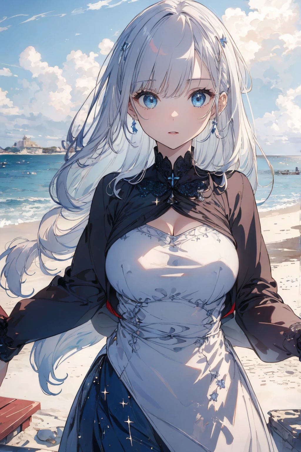 (seaside photo:1.1, in blue marine:1.5), Masterpiece, best quality, (very detailed CG unity 8k wallpaper), (best quality), High definition RAW color art, Animation,sculptures, (black Marble Skin), (((Ultra detailed elegant))), Magical atmosphere, Detailed skin, Texture,(Intricately detailed, Fine detail, ultra-detail art), depth of fields, bokeh, Silky Touch, Hyper Detail, beautiful eyes, Elegant Face, (standing, view from below), sparkle background, enormous breast:1.3, (silver hair), pure white, muscle, embarrassing red face, wide open udder, shorthair, t-shirt or parka