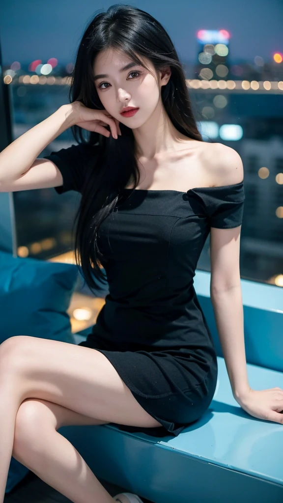 ((Best quality, 8k, Masterpiece :1.3)), Full body, Sharp focus :1.2, Beautiful woman with perfect figure :1.4, Slender stomach :1.2, ((cyan hair)), body dress : 1.1 , (Night city view , Bedroom :1.1), Highly detailed facial and skin textures, Detailed eyes, Double eyelids, Interior view, Office, Sweet smile, Beautiful pose, Hair tie pose, Dress modestly, short sleeves, shorts, ((cyan black hair color)), 20 year old teenager.